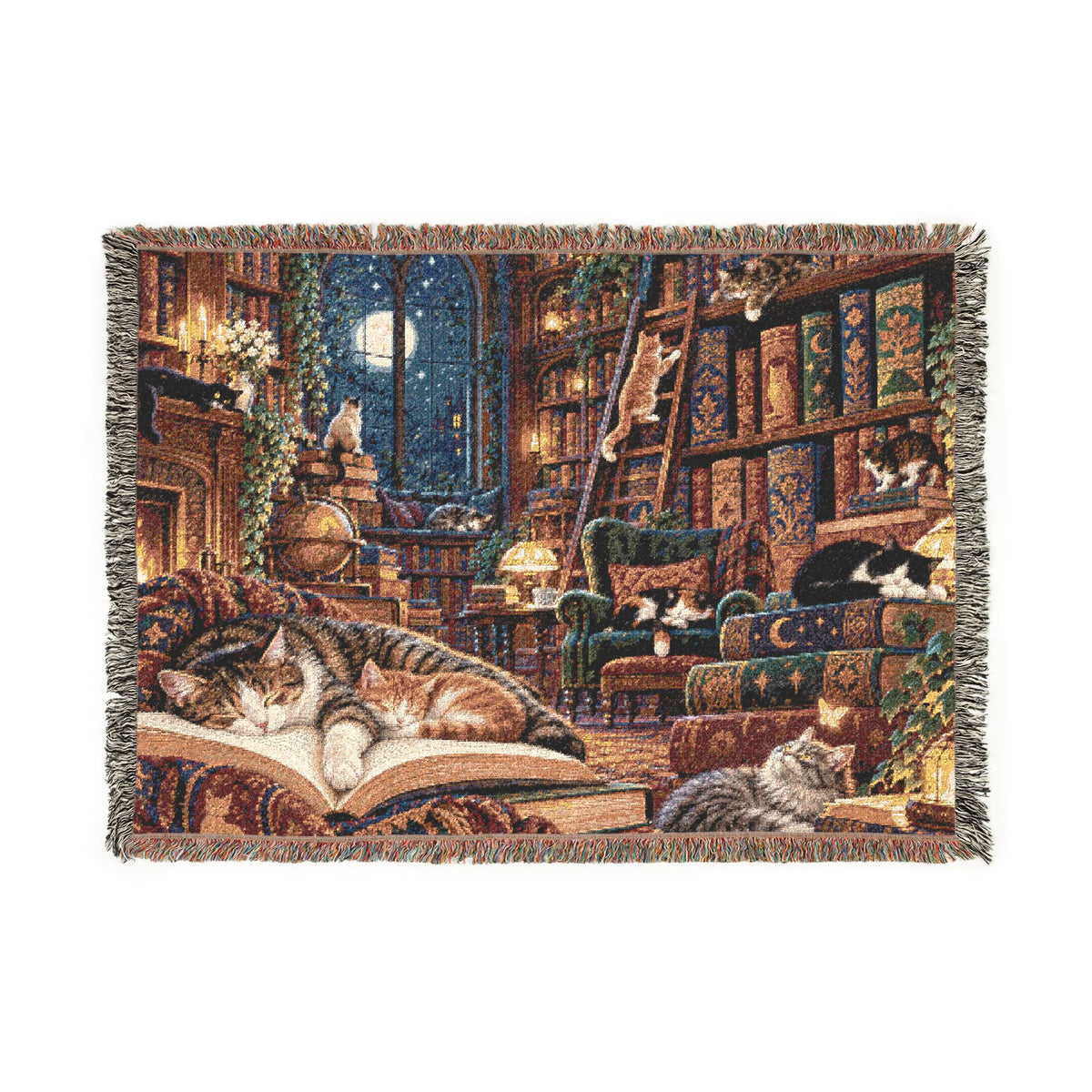 Moonlit Library Woven Cotton Throw Blanket – Cats & Books Tapestry