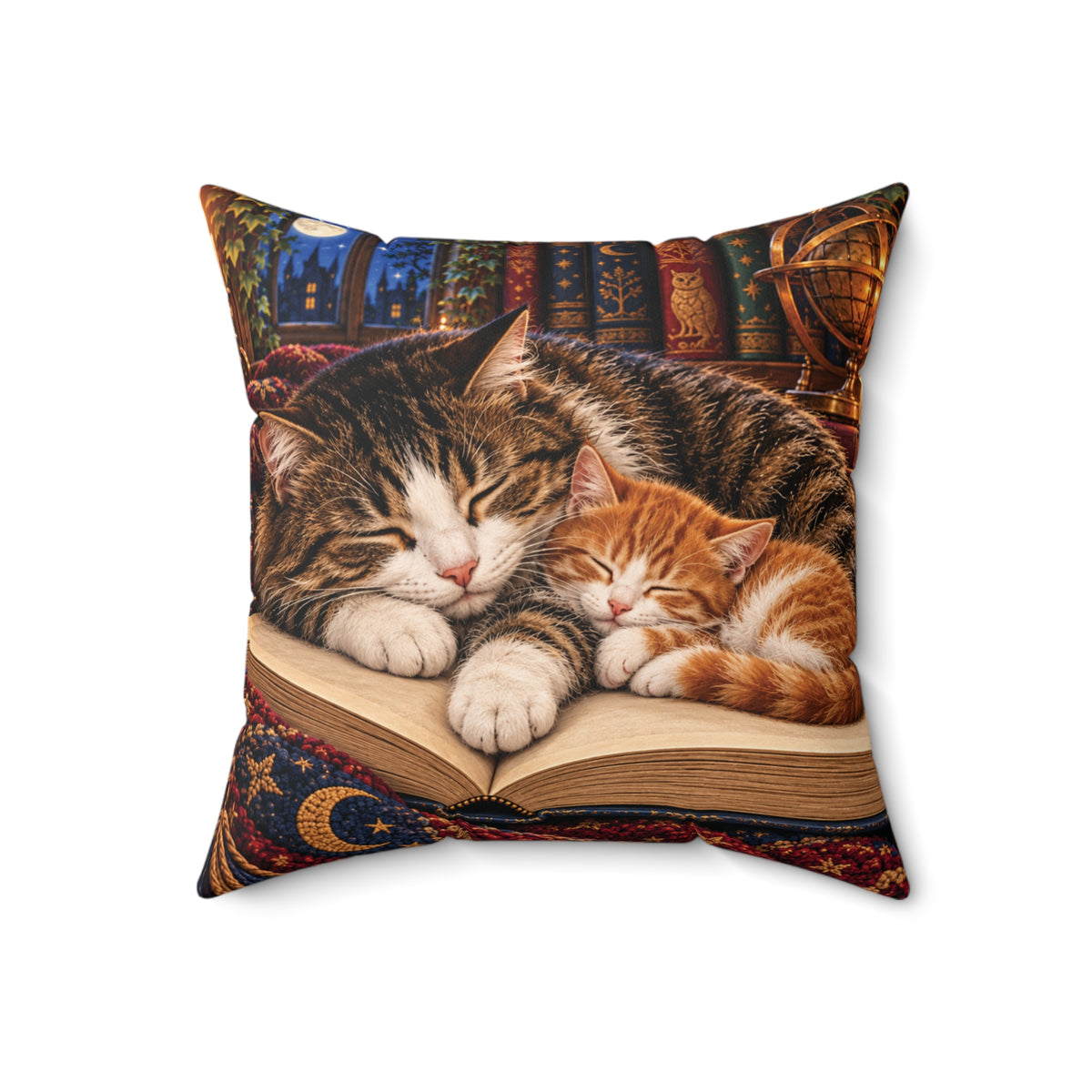 Moonlit Library Cat Throw Pillow – Sleeping Cats & Books