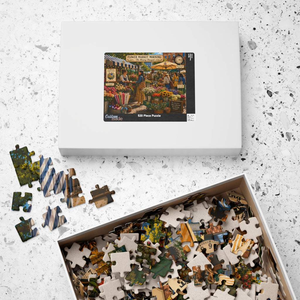 Flower Market Morning 520-piece puzzle packaging and completed illustrated scene