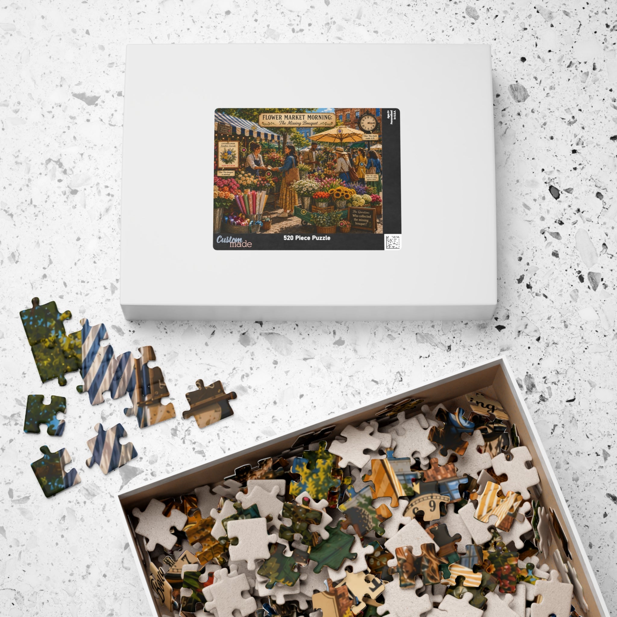 Flower Market Morning 520-piece puzzle packaging and completed illustrated scene