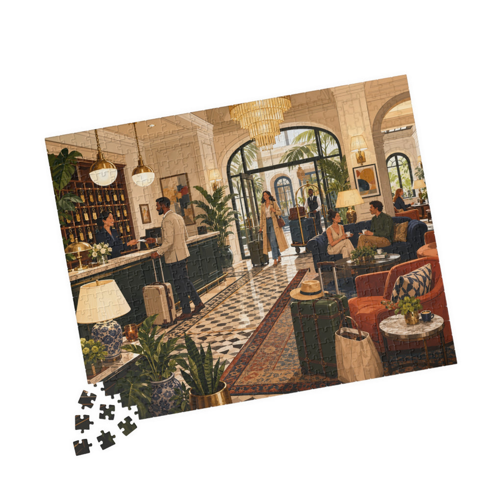 Detailed hotel lobby and travel jigsaw puzzle scene