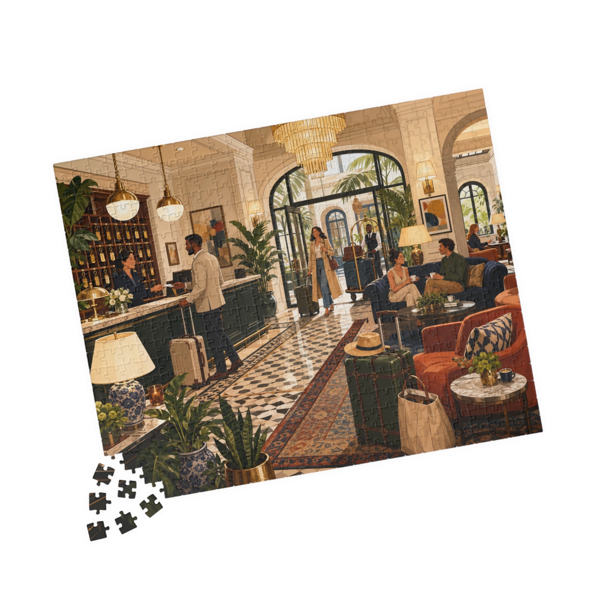 Detailed hotel lobby and travel jigsaw puzzle scene