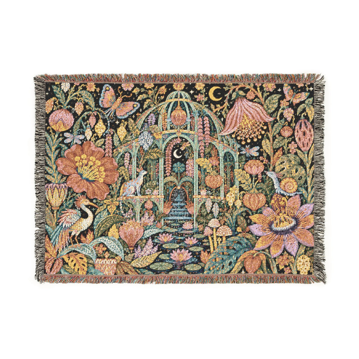 Impossible Greenhouse Woven Cotton Throw Blanket – Surreal Botanical Tapestry