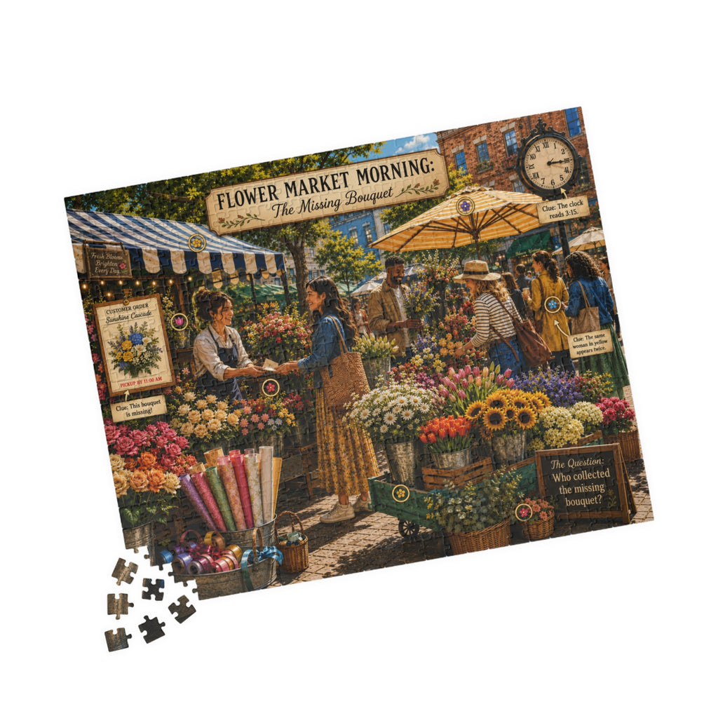Close-up product view of the Flower Market Morning hidden-object jigsaw puzzle