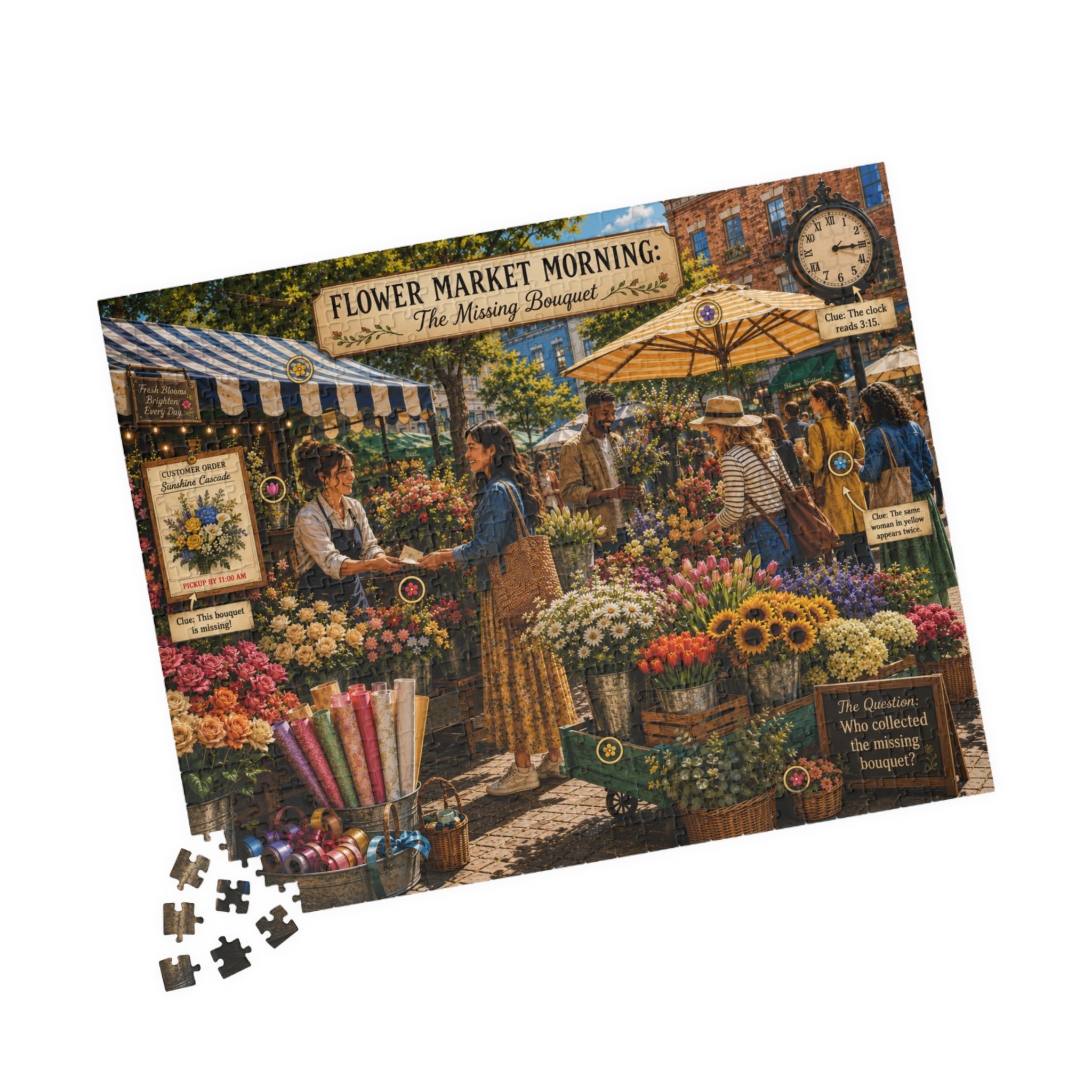 Close-up product view of the Flower Market Morning hidden-object jigsaw puzzle