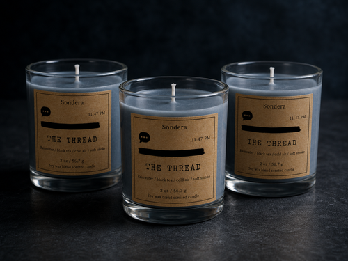 Three Sondera The Thread 2 oz glass votive candles with blue-gray wax and kraft paper labels