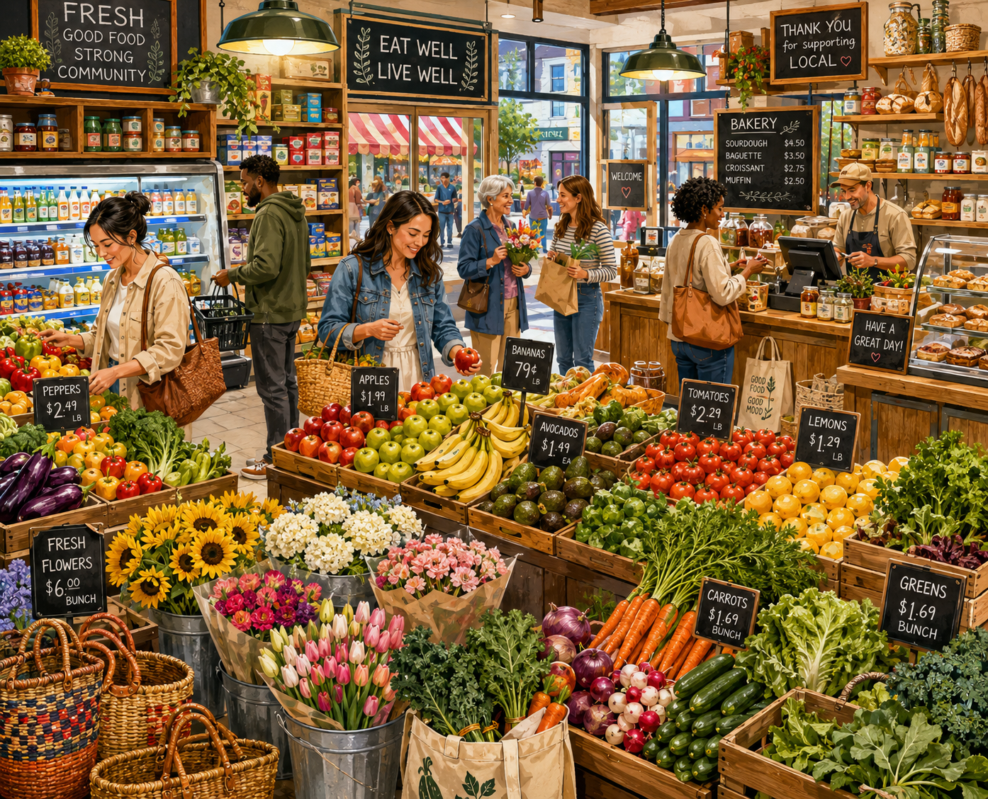 Corner Market colorful neighborhood market jigsaw puzzle by Sondera Piece Club