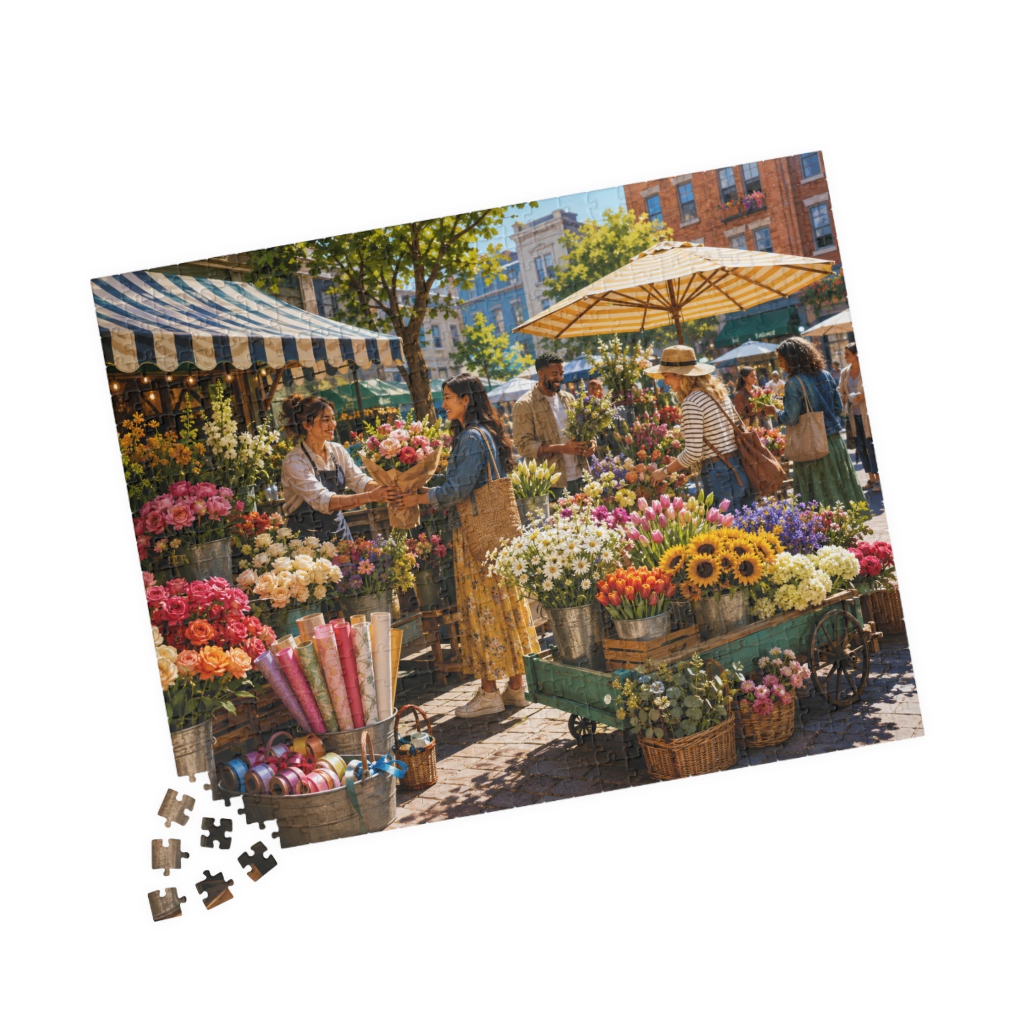 Colorful outdoor flower market puzzle with bouquets, stalls, and customers