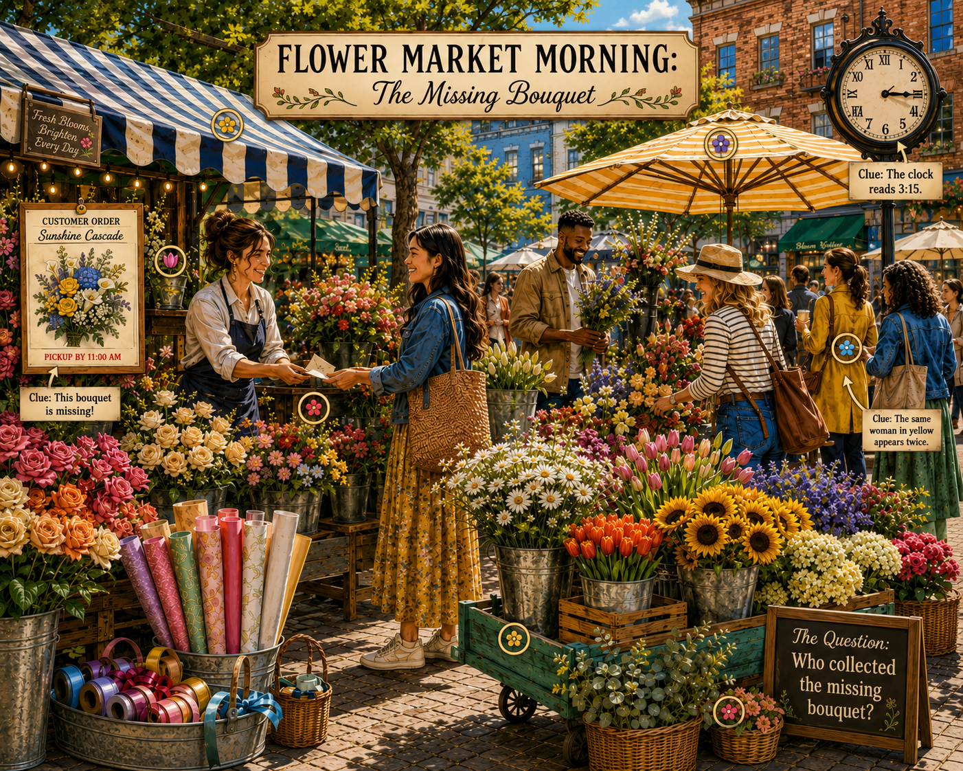 Flower Market Morning: The Missing Bouquet illustrated mystery puzzle scene