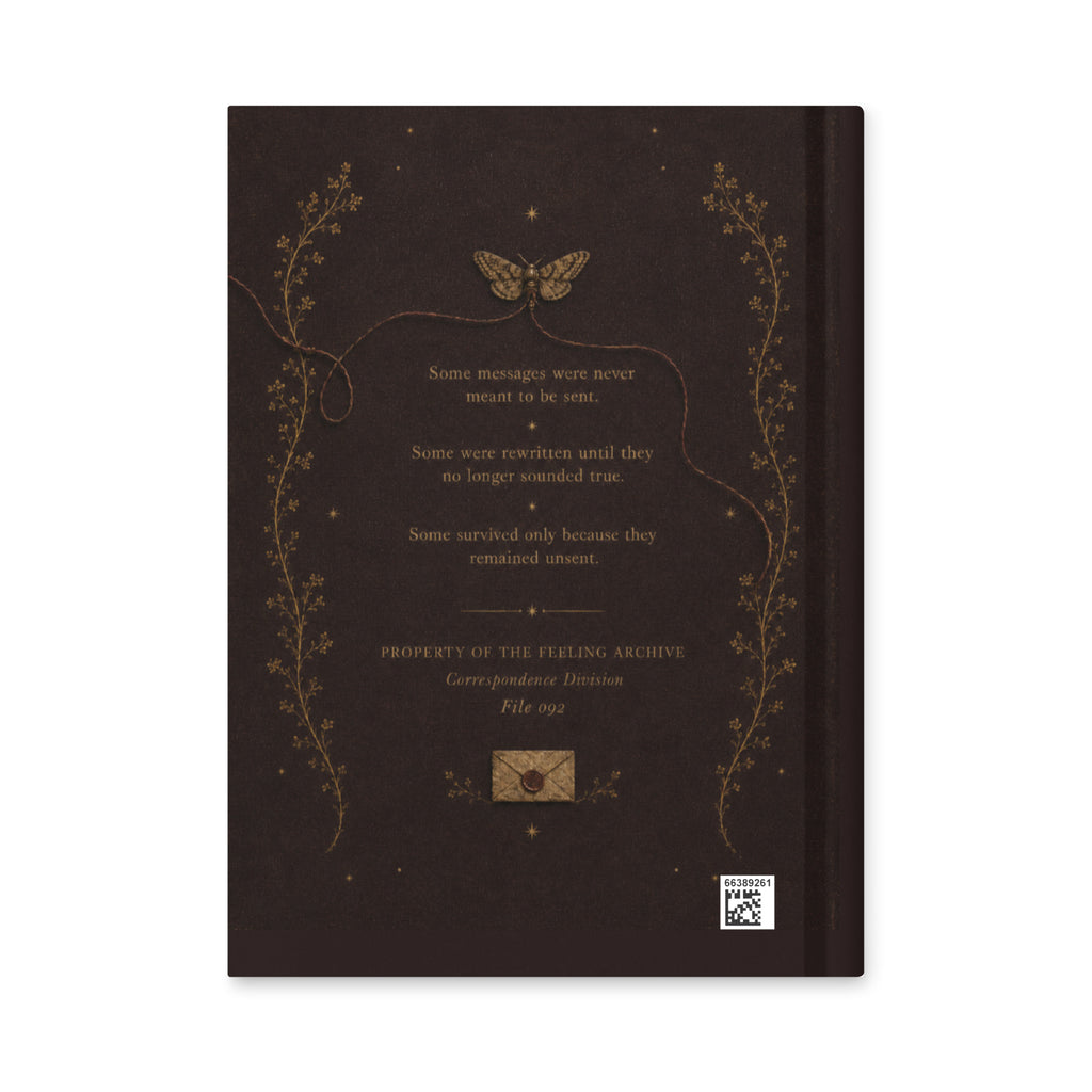 Back cover of the oxblood Keeper of Unsent Things hardcover journal with Correspondence Division copy