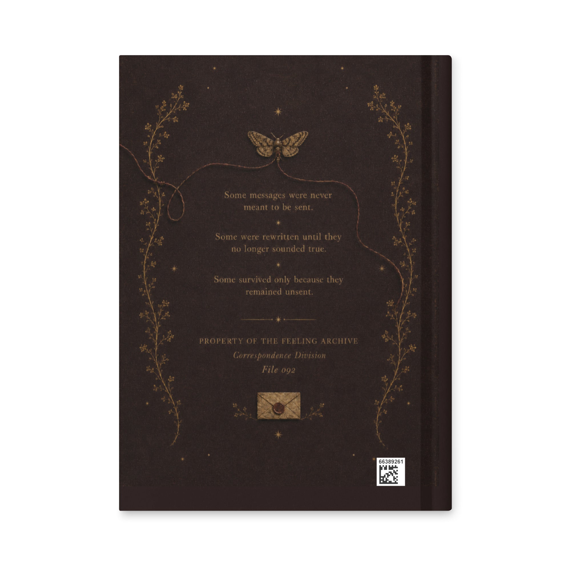 Back cover of the oxblood Keeper of Unsent Things hardcover journal with Correspondence Division copy