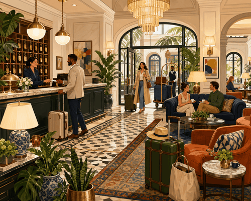 Late Checkout illustrated hotel lobby jigsaw puzzle by Sondera Piece Club
