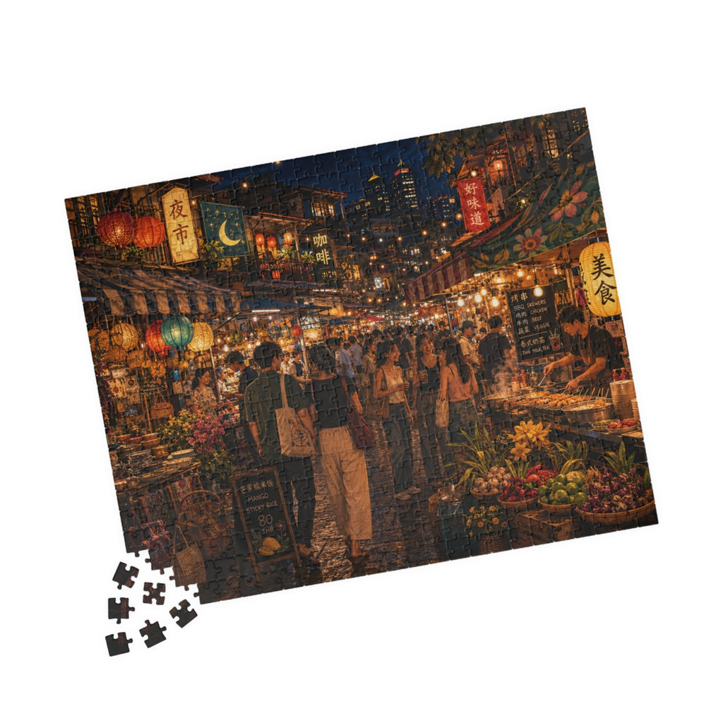 Detailed lantern-lit street market jigsaw puzzle scene