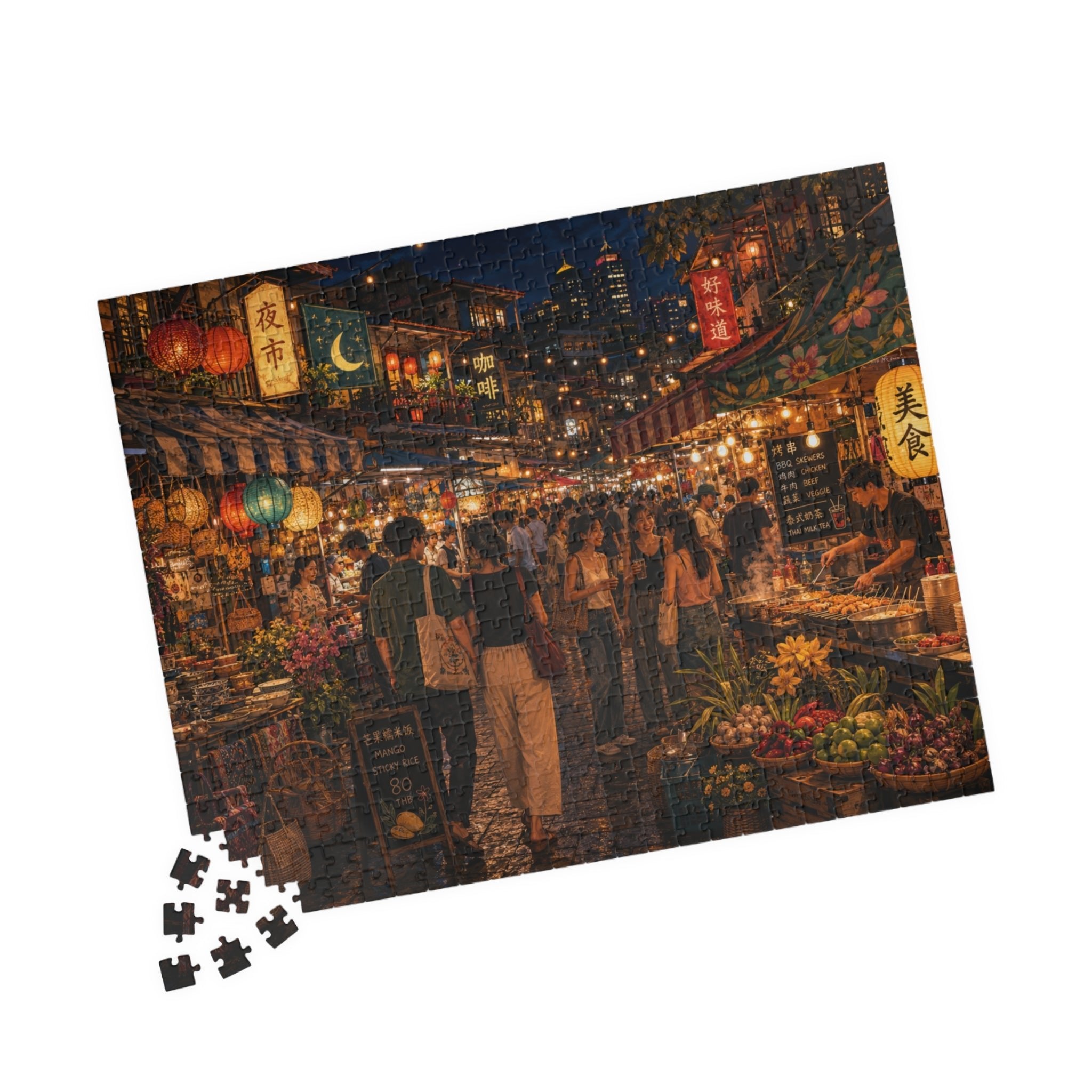 Detailed lantern-lit street market jigsaw puzzle scene