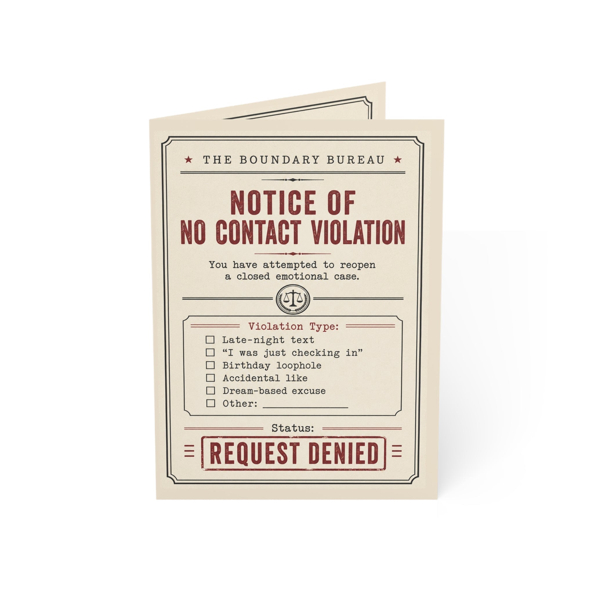 No Contact Violation notice card by Sondera — Boundary Bureau greeting card front design