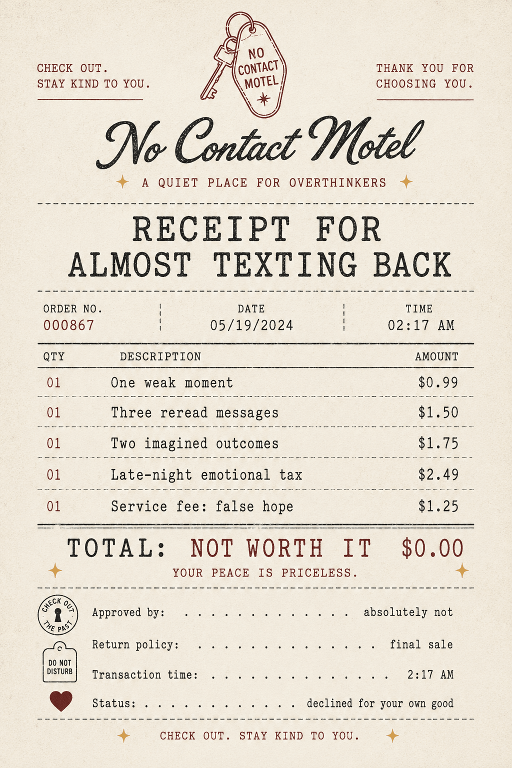 Receipt for Almost Texting Back 4 x 6 faux receipt art card by Sondera