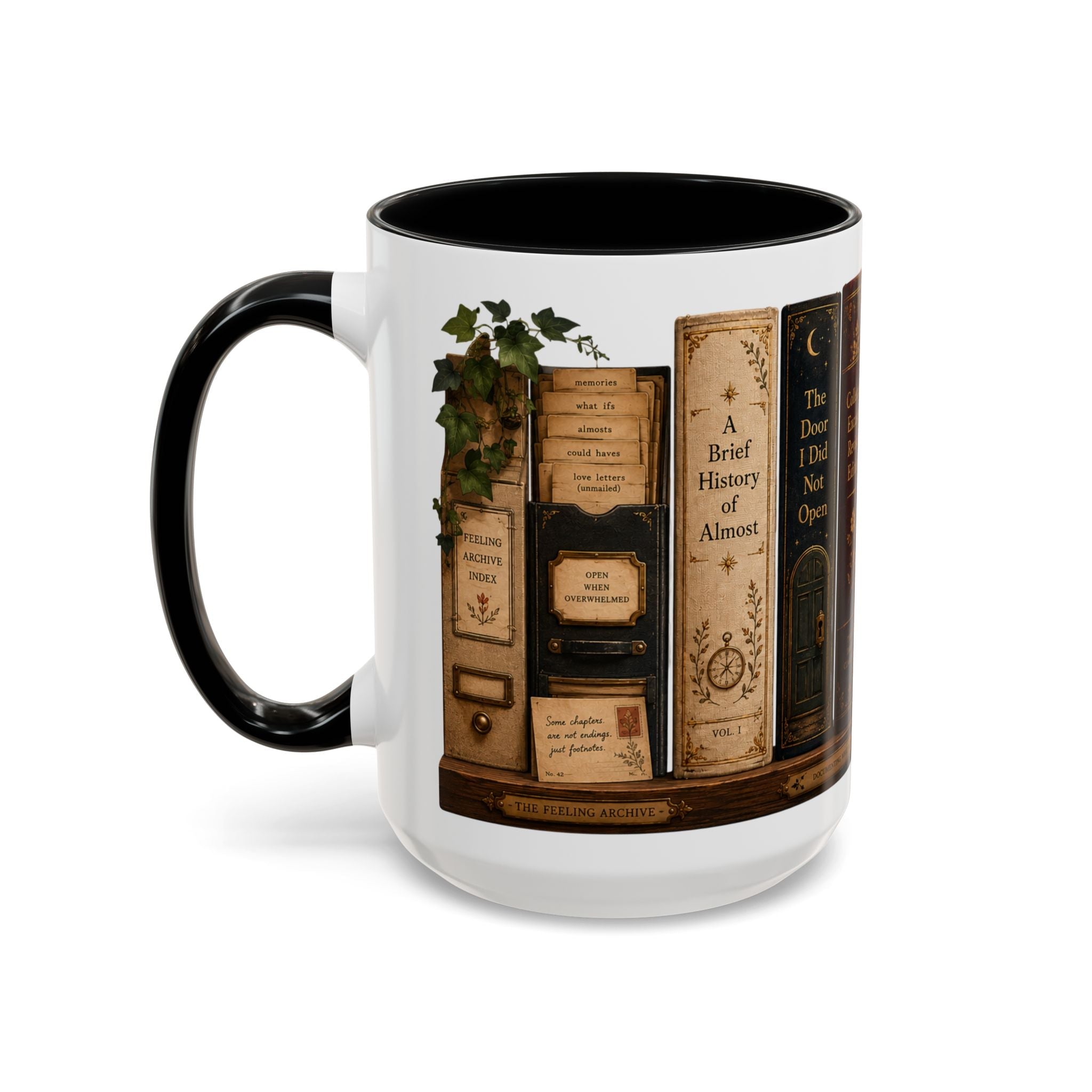 Side view of The Feeling Archive Library mug showing imaginary emotional book titles