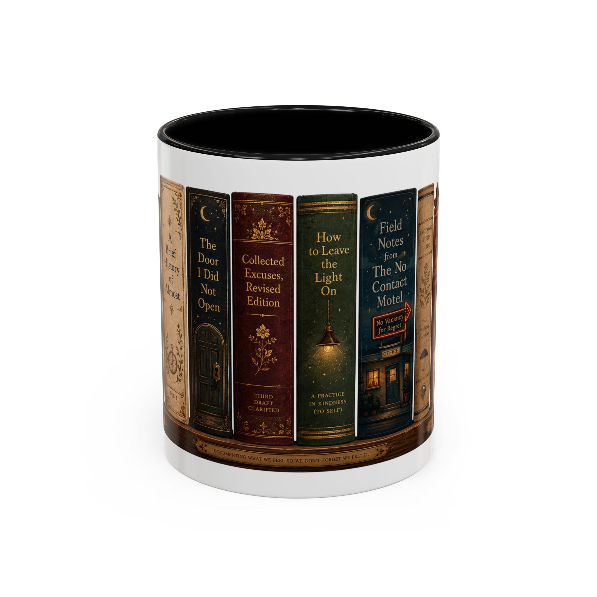 Fifteen ounce Feeling Archive Library accent mug in black
