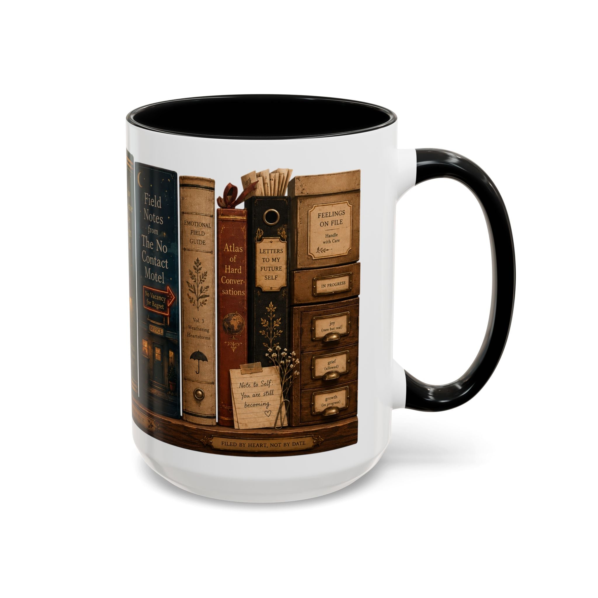 The Feeling Archive Library black accent mug with illustrated book spines and archive files