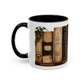 Close-up of fictional book spines on The Feeling Archive Library coffee mug