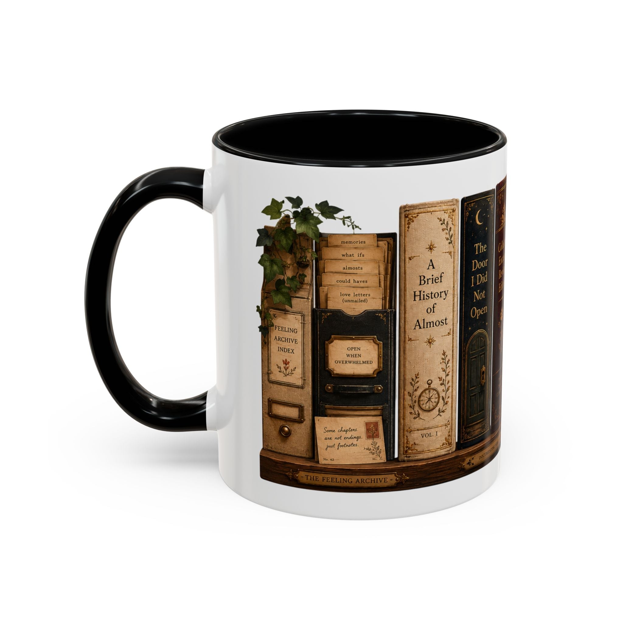 Close-up of fictional book spines on The Feeling Archive Library coffee mug