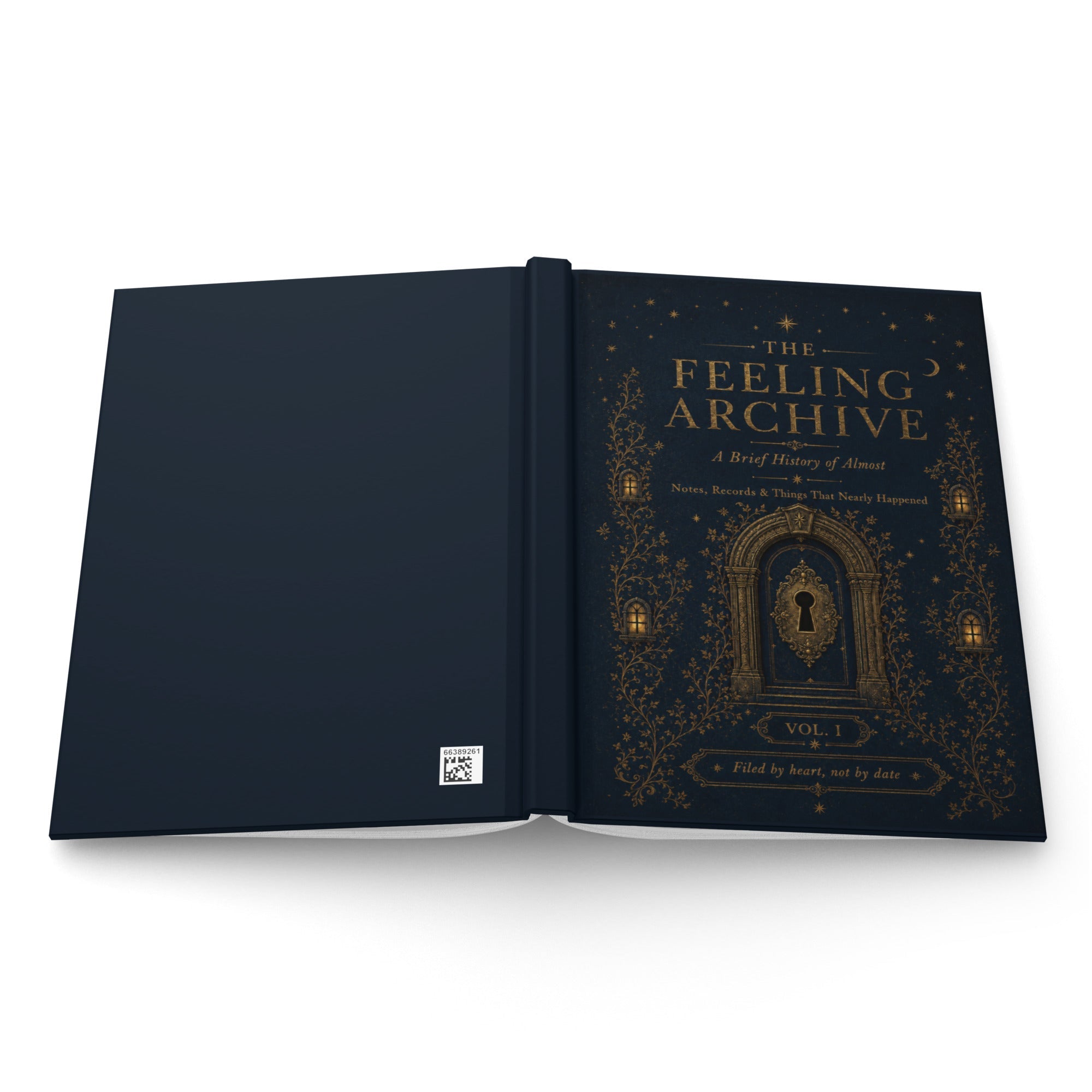 The Feeling Archive hardcover journal with ornate gold-toned doorway cover design