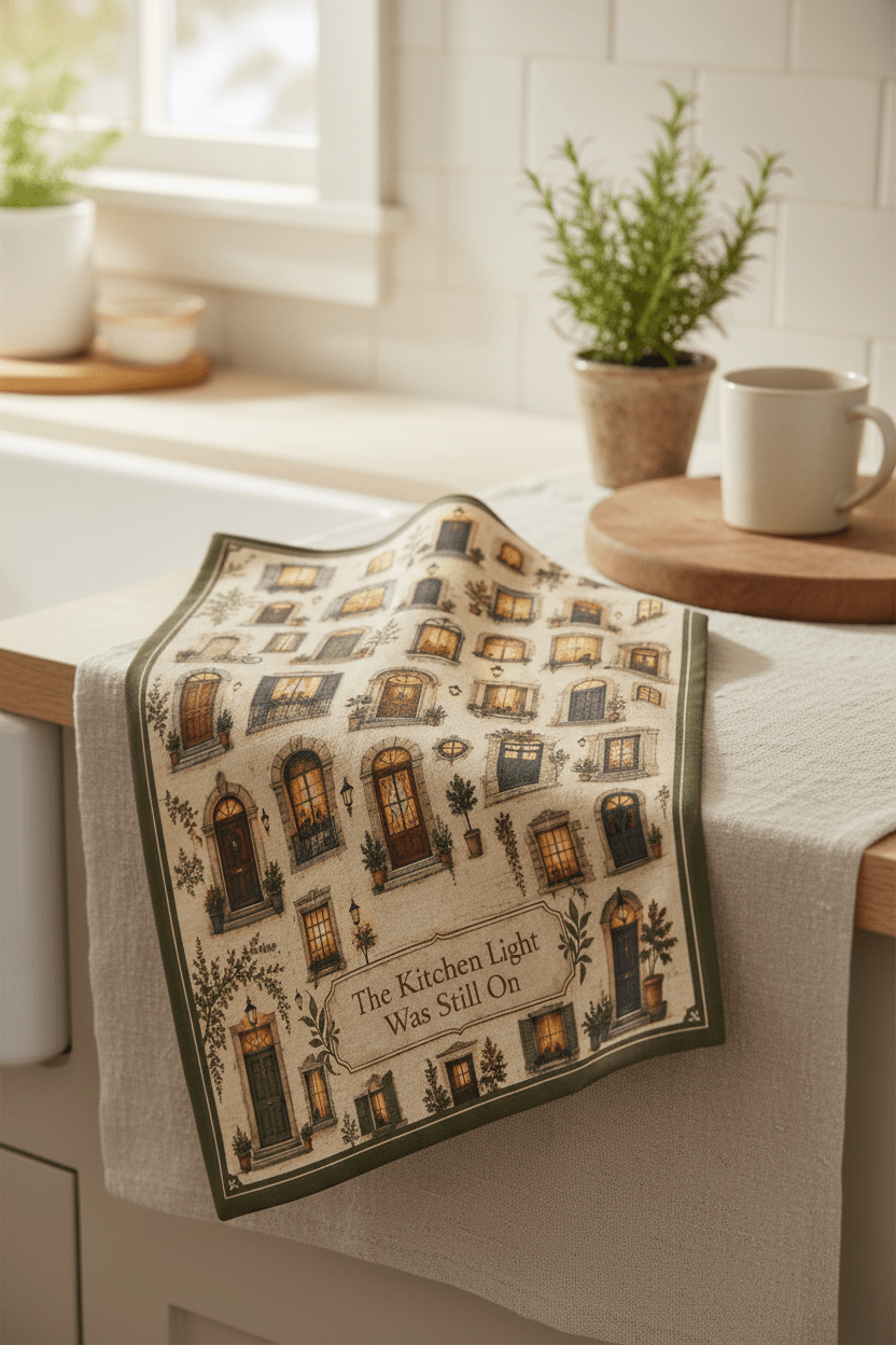 The Kitchen Light Was Still On — Tea Towel Mockup with Green Border