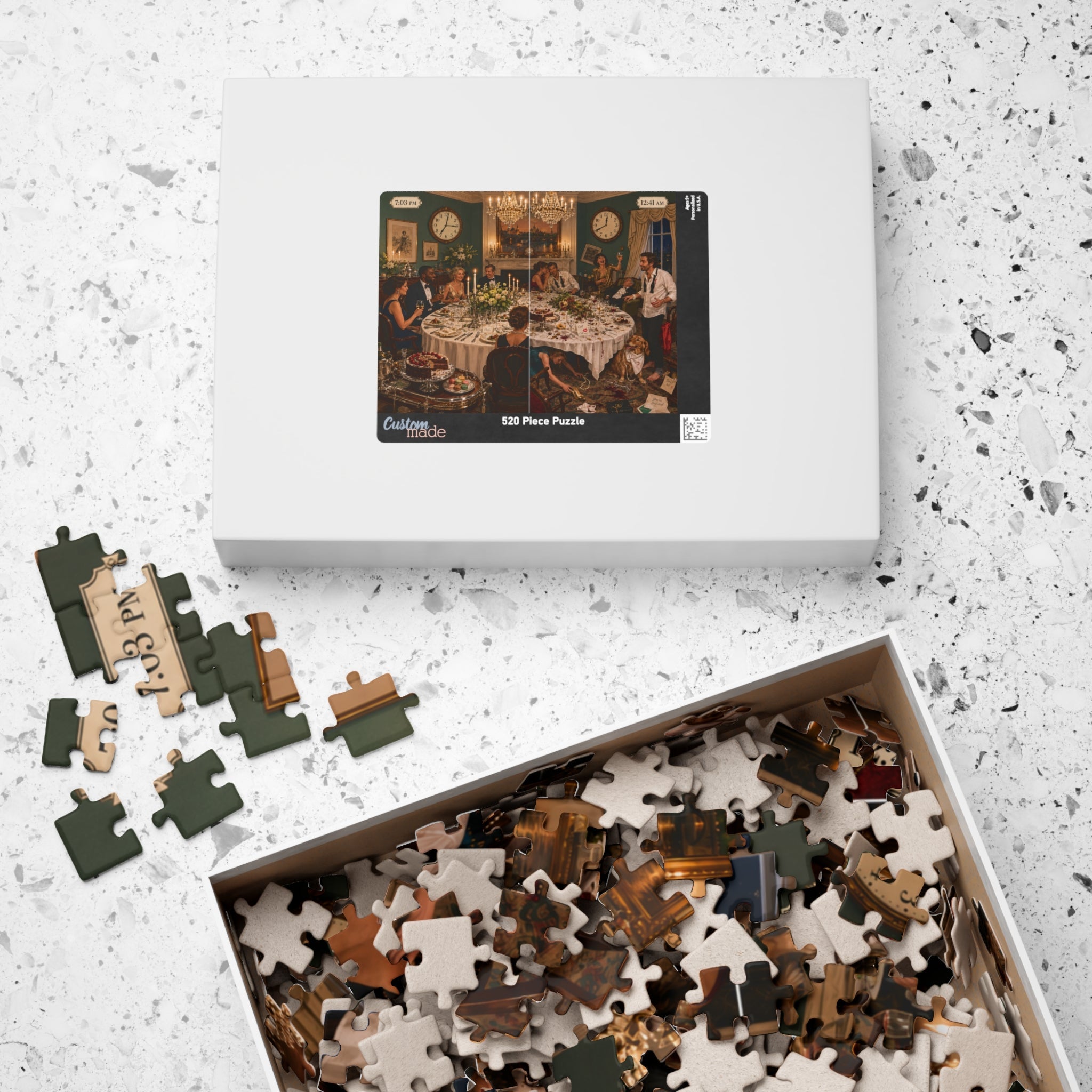 Completed horizontal 520-piece dinner party puzzle showing the polished early evening and playful midnight chaos.
