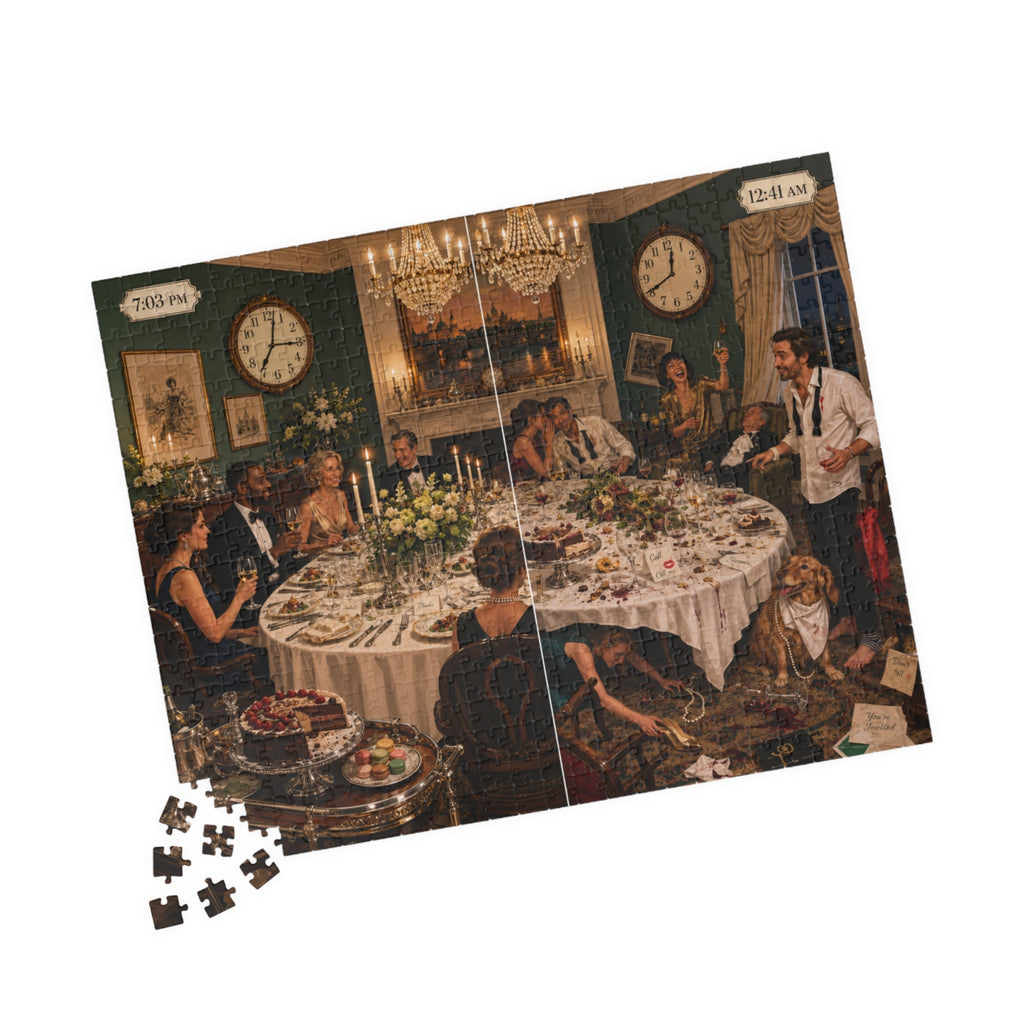 Close-up product view of The Very Civilized Dinner Party mystery jigsaw puzzle with detailed dinner-party artwork.