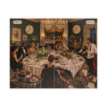 Split-scene artwork for The Very Civilized Dinner Party 520-piece puzzle, showing an elegant 7:03 PM dinner and the chaotic 12:41 AM aftermath.