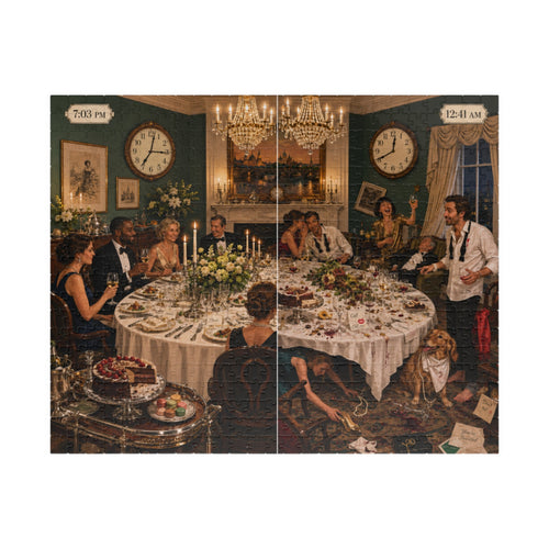Split-scene artwork for The Very Civilized Dinner Party 520-piece puzzle, showing an elegant 7:03 PM dinner and the chaotic 12:41 AM aftermath.